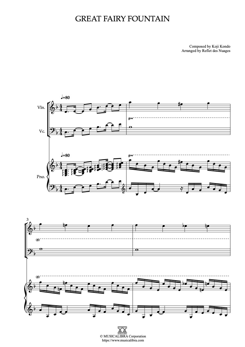 Sheet music of Great Fairy Fountains arranged for violin, cello and piano trio chamber ensemble preview page 1