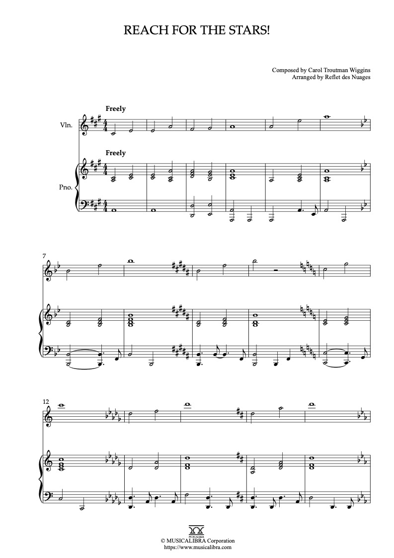 Sheet music of Reach for the Stars! arranged for violin and piano duet chamber ensemble preview page 1