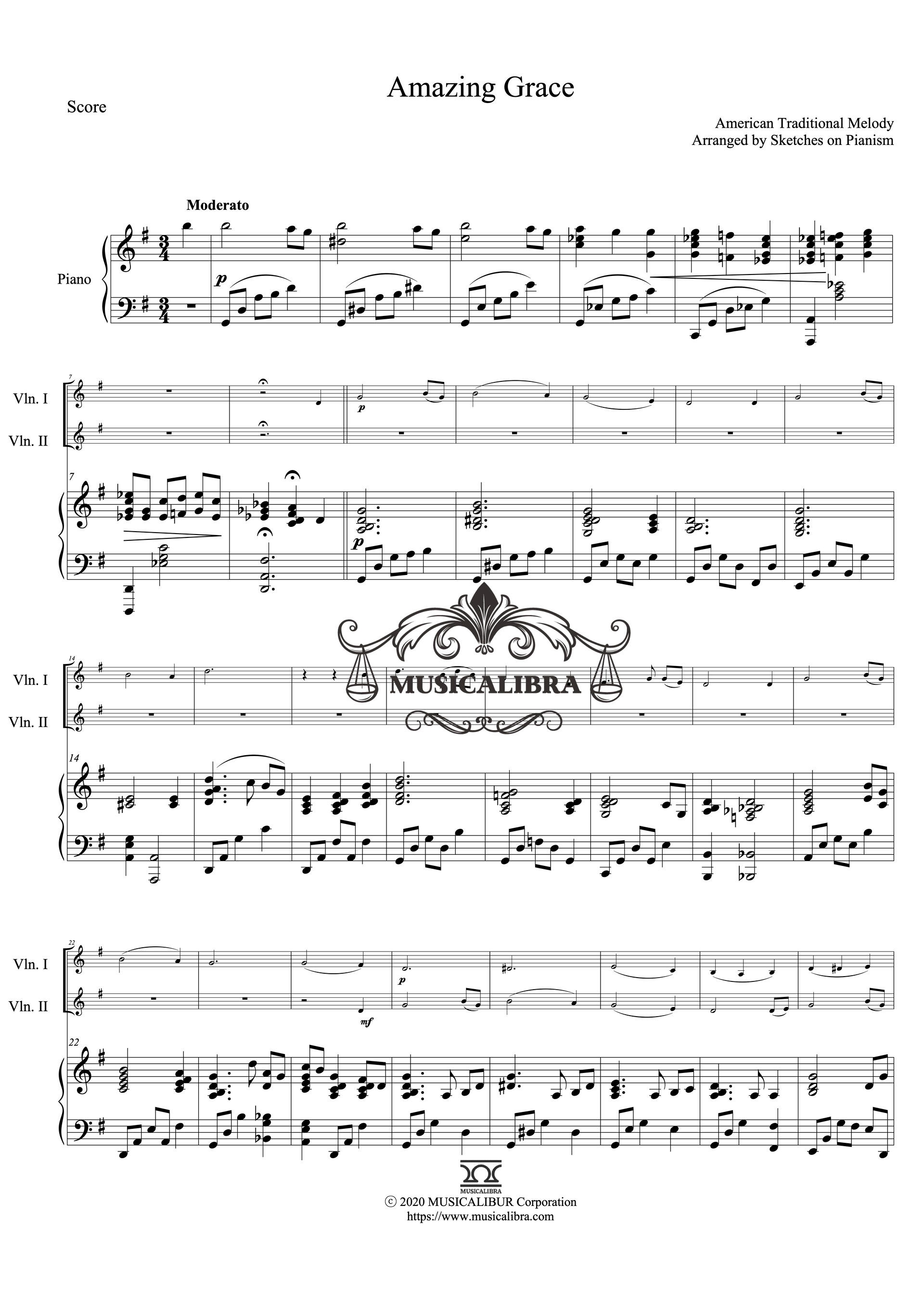 Amazing Grace 三重奏 樂譜 - 小提琴 2, 鋼琴