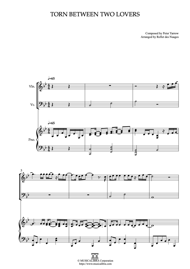 Sheet music of Mary MacGregor Torn Between Two Lovers arranged for violin, cello and piano trio chamber ensemble preview page 1