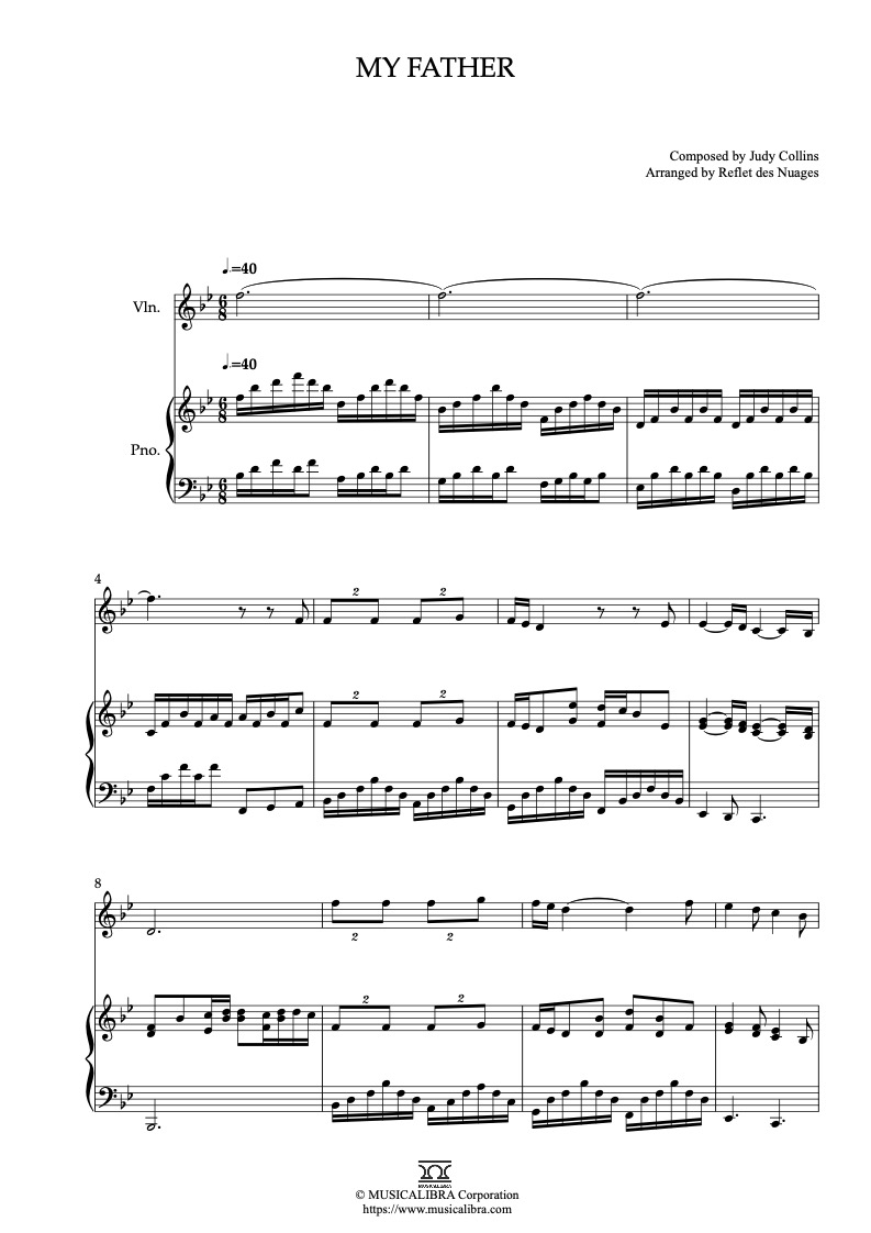 Sheet music of Judy Collins My Father arranged for violin and piano duet chamber ensemble preview page 1