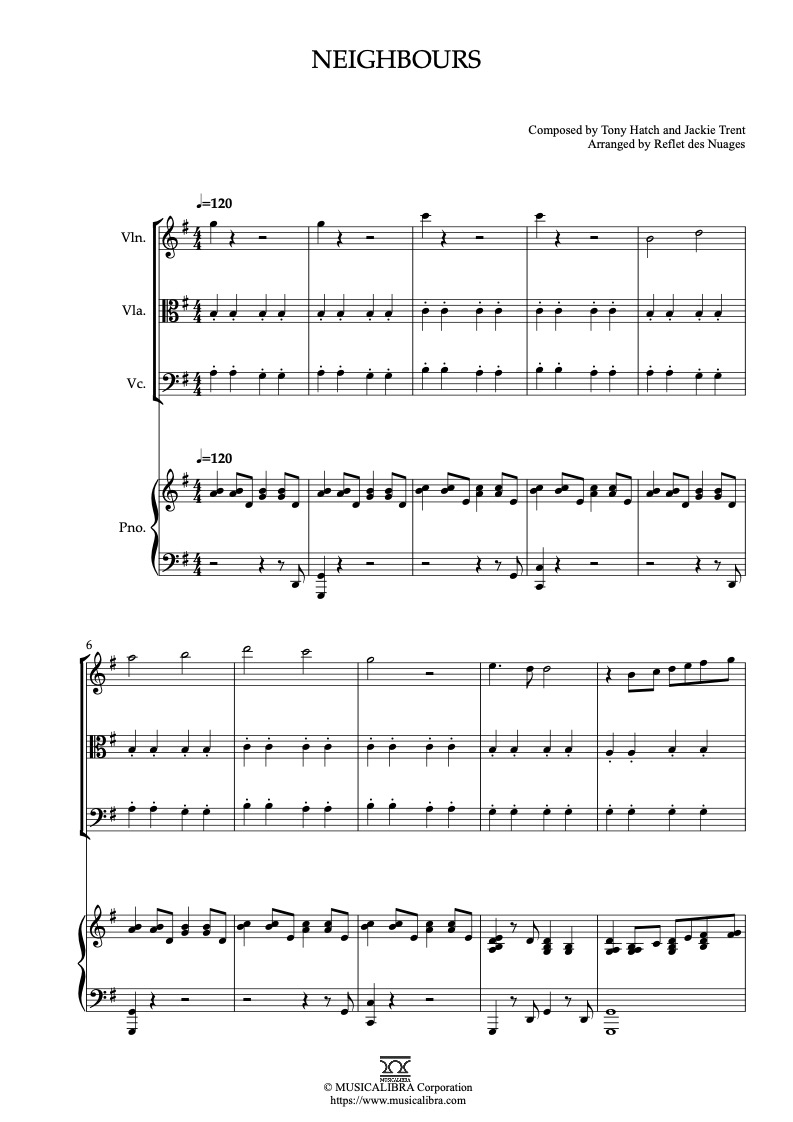 Sheet music of Neighbours arranged for violin, viola, cello and piano quartet chamber ensemble preview page 1