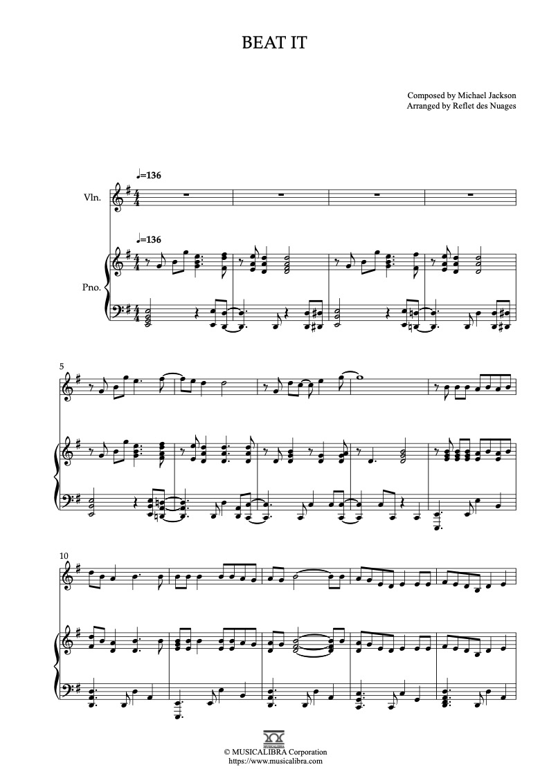 Partitura de Michael Jackson Beat It arreglada para dueto de violín y piano