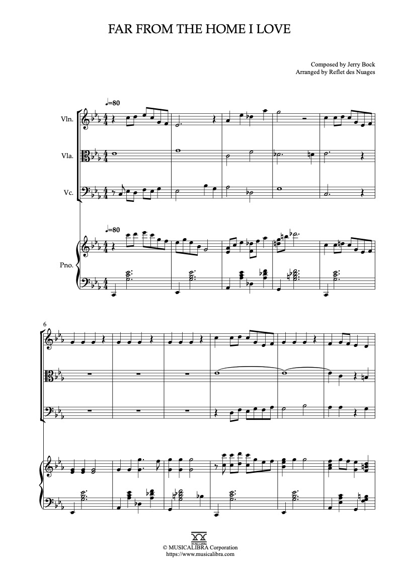 Partitura de Fiddle on the Roof Far From the Home I Love arreglada para cuarteto de violín, viola, violonchelo y piano