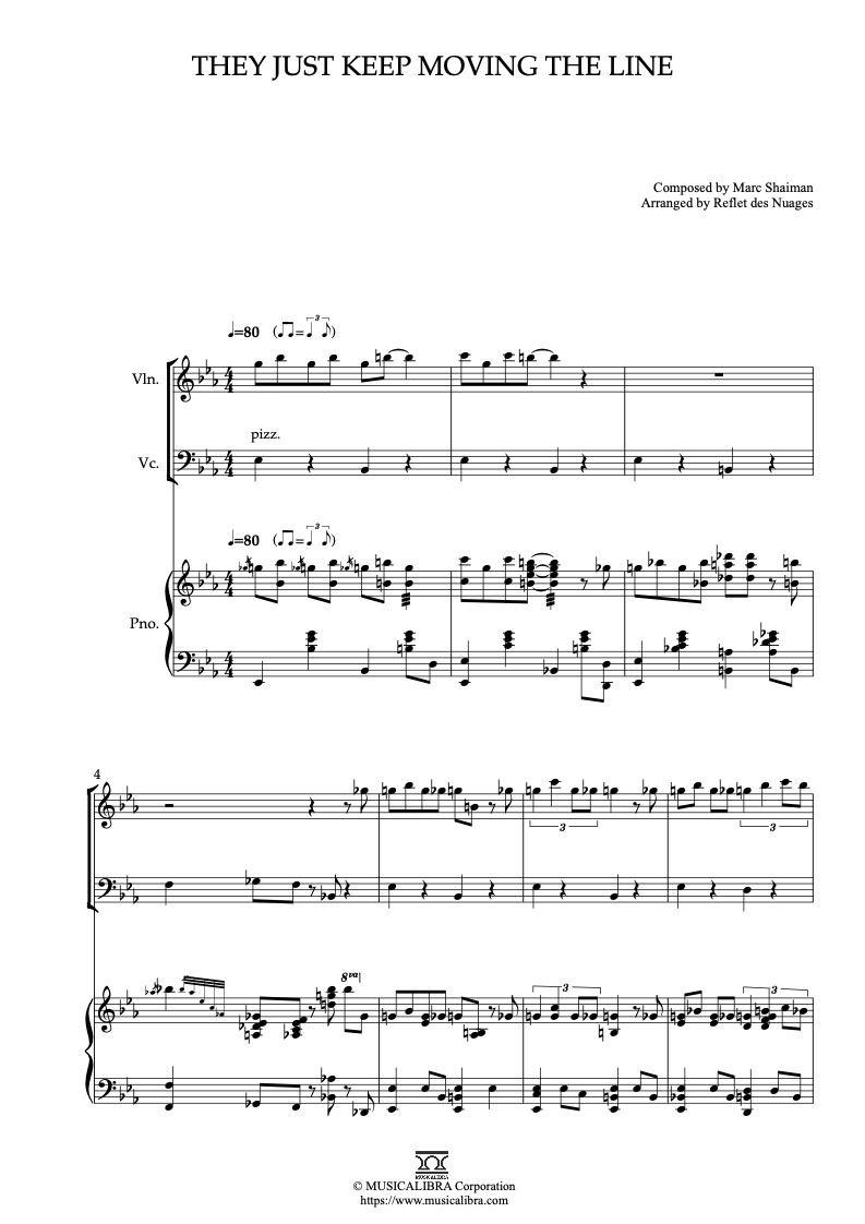 Sheet music of SMASH They Just Keep Moving the Line arranged for violin, cello and piano trio chamber ensemble preview page 1