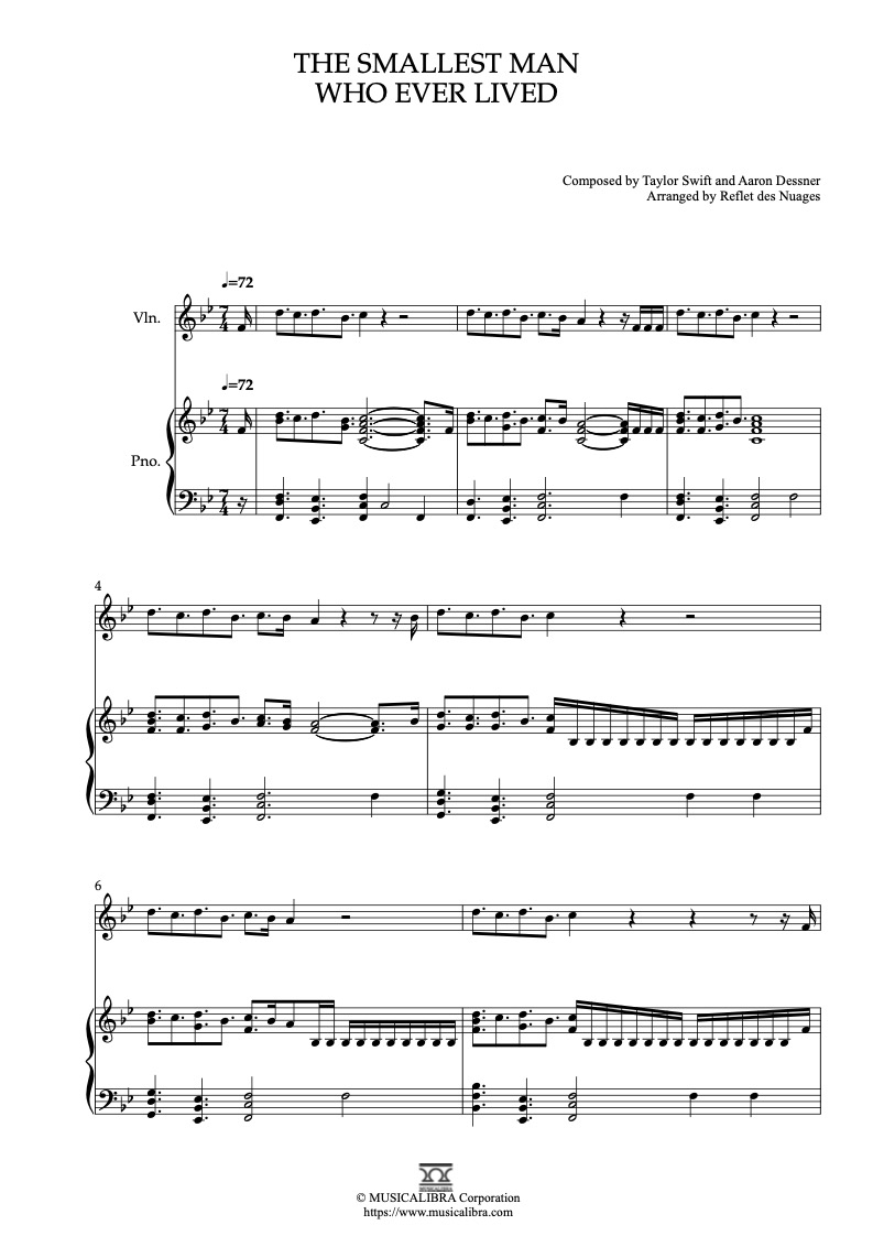 Sheet music of Taylor Swift The Smallest Man Who Ever Lived arranged for violin and piano duet chamber ensemble preview page 1