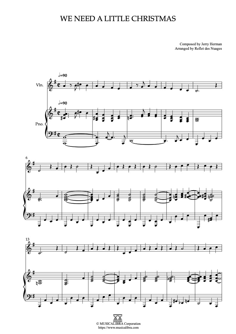 Partitura de We Need a Little Christmas arreglada para dueto de violín y piano