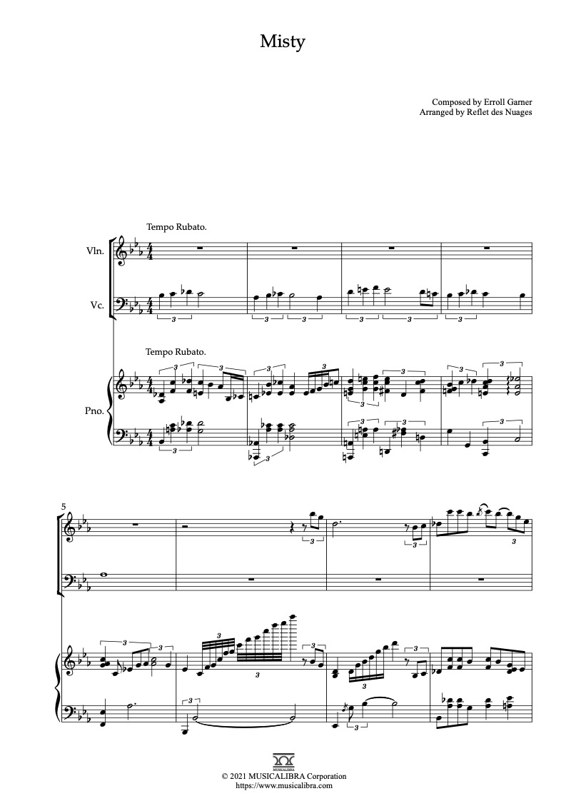 Partitura de Misty arreglada para trío de violín, violonchelo y piano