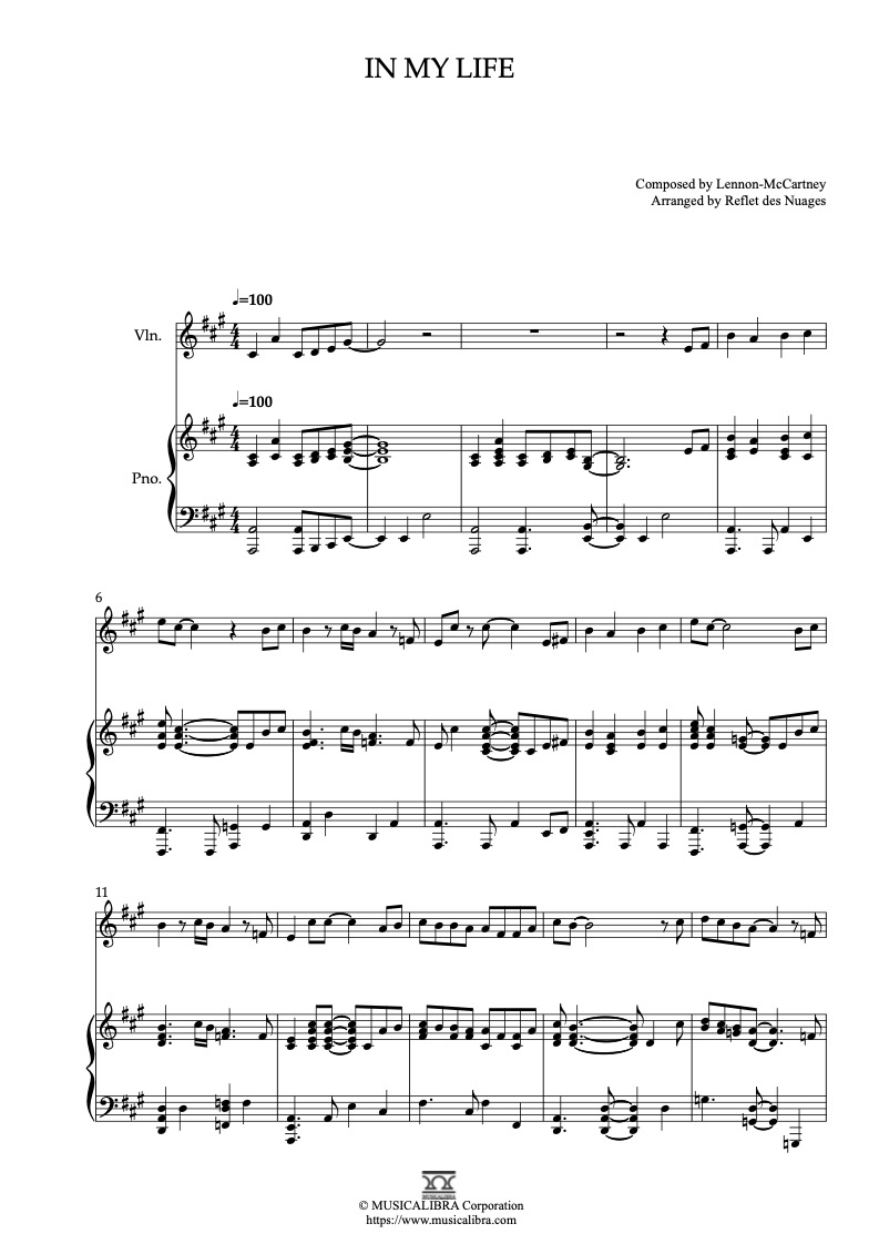 The Beatles In My Life 二重奏 樂譜 - 小提琴, 鋼琴