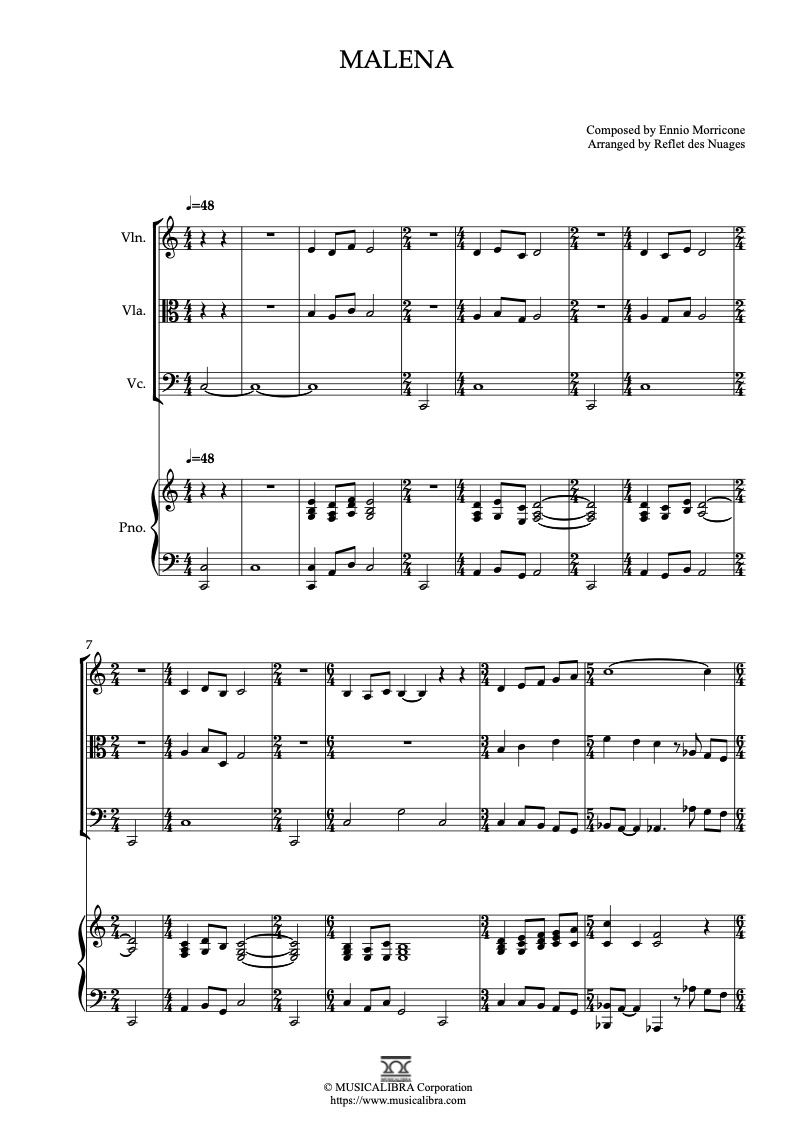 Partitura de Malena arreglada para cuarteto de violín, viola, violonchelo y piano