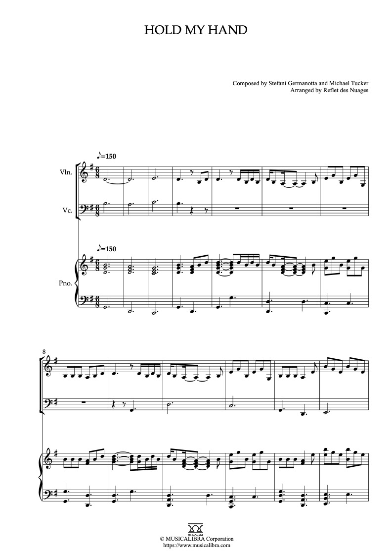 Sheet music of Top Gun: Maverick Hold My Hand arranged for violin, cello and piano trio chamber ensemble preview page 1