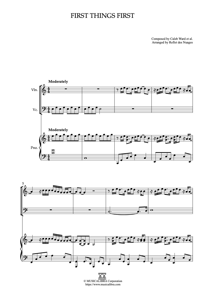 Sheet music of Consumed by Fire First Things First arranged for violin, cello and piano trio chamber ensemble preview page 1