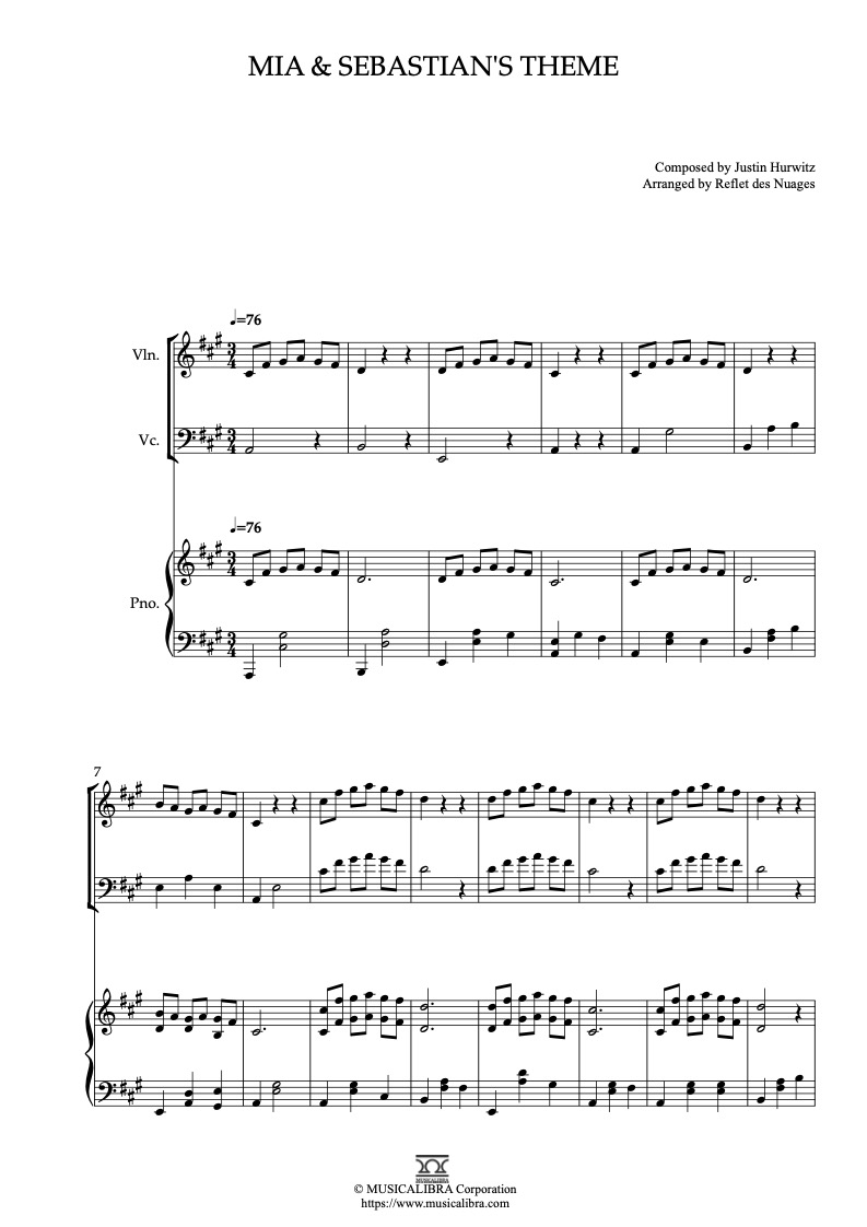 Partitura de La La Land Mia and Sebastian's Theme arreglada para trío de violín, violonchelo y piano