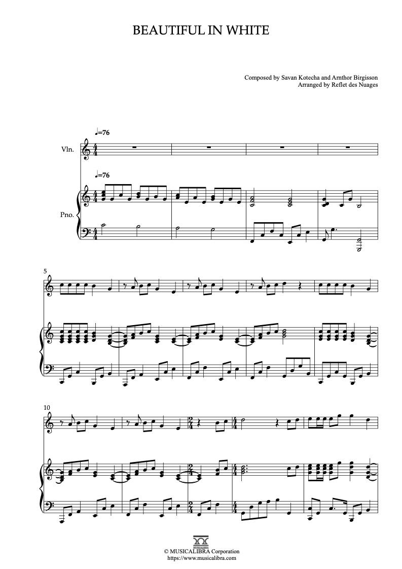 Sheet music of Shane Filan Beautiful in White arranged for violin and piano duet preview page 1