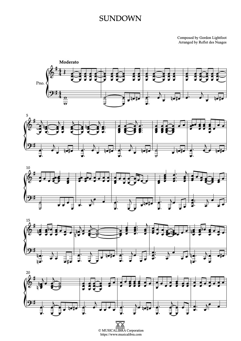 Partitura de Gordon Lightfoot Sundown arreglada para piano solo