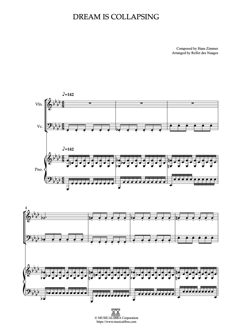Partitura de Inception Dream Is Collapsing arreglada para trío de violín, violonchelo y piano