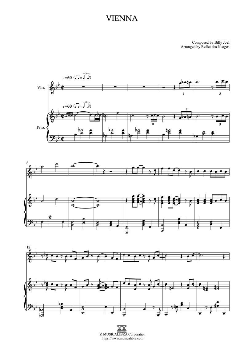 Partitura de Billy Joel Vienna arreglada para dueto de violín y piano