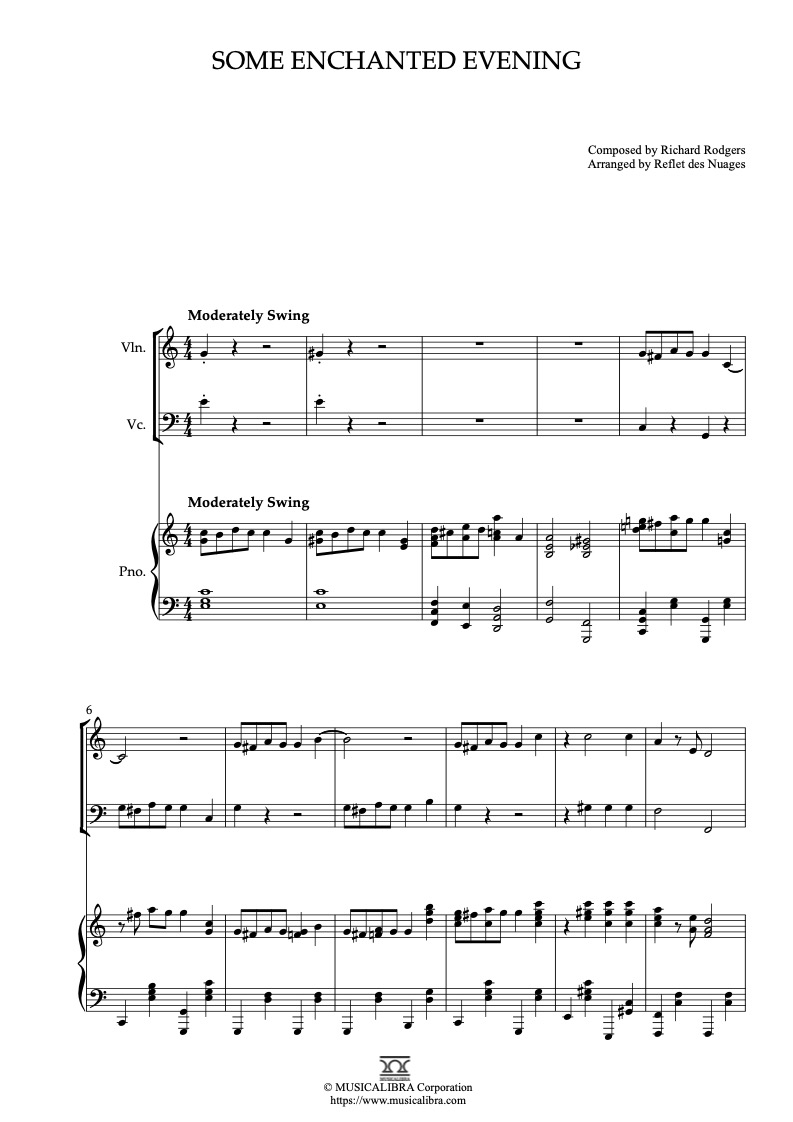 Sheet music of South Pacific Some Enchanted Evening arranged for violin, cello and piano trio chamber ensemble preview page 1