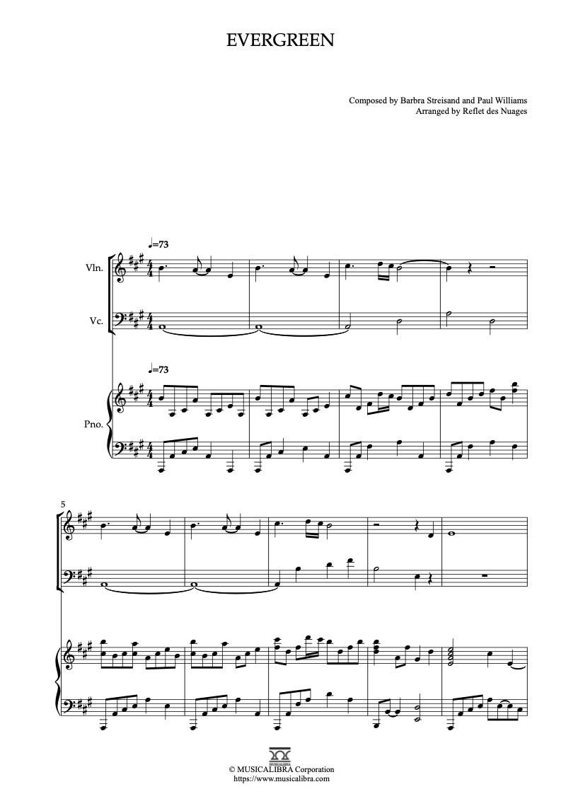 Sheet music of A Star Is Born Evergreen arranged for violin, cello and piano trio chamber ensemble preview page 1