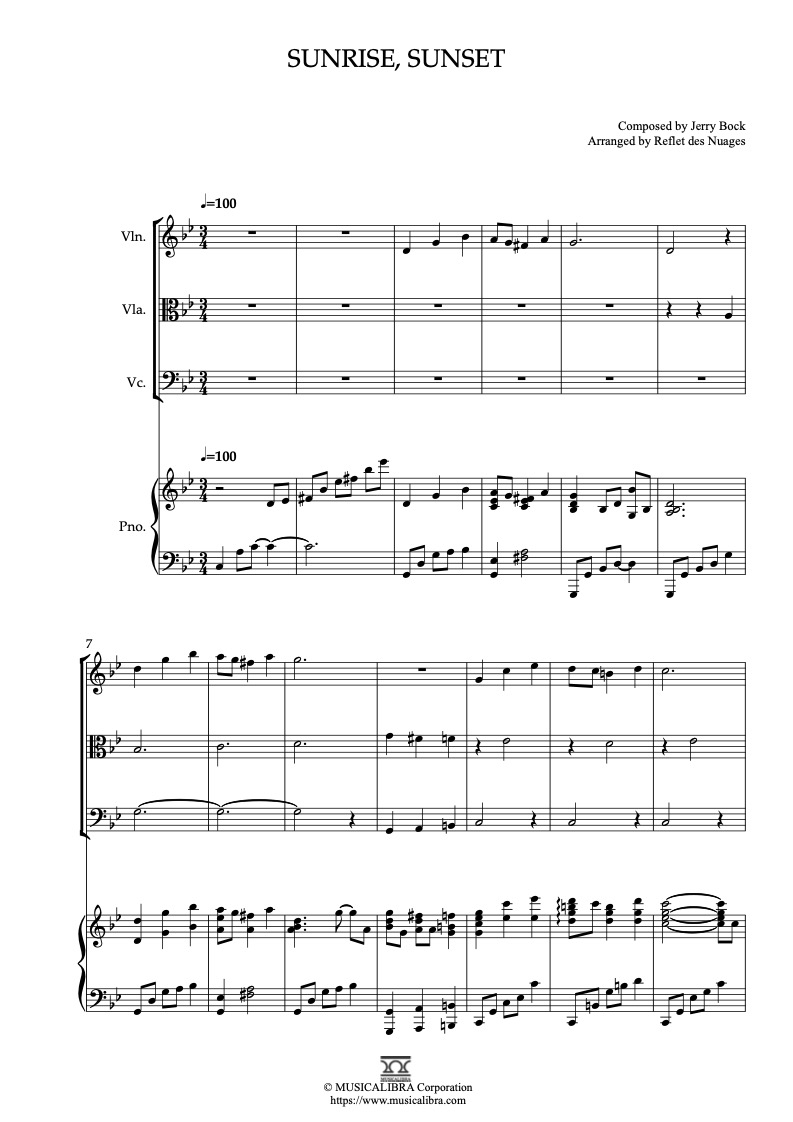 Fiddler on the Roof Sunrise, Sunset 四重奏 乐谱 - 小提琴, 中提琴, 大提琴, 钢琴
