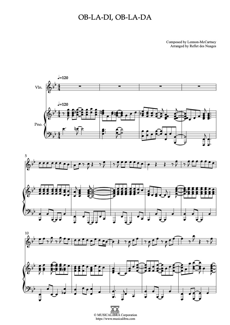 Partitura de The Beatles Ob-La-Di, Ob-La-Da arreglada para dueto de violín y piano