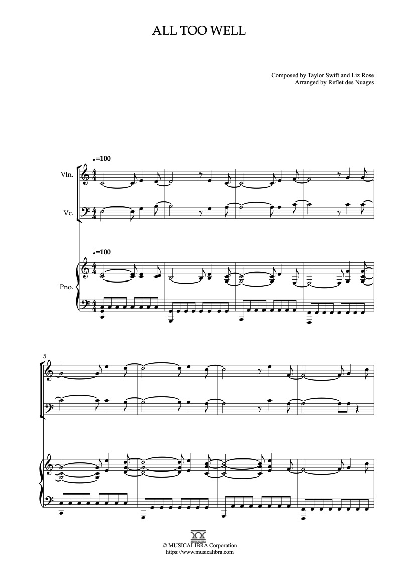 Sheet music of Taylor Swift All Too Well arranged for violin, cello and piano trio chamber ensemble preview page 1