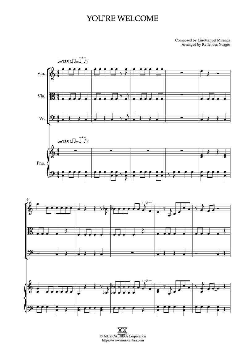 Partitura de Moana You’re Welcome arreglada para cuarteto de violín, viola, violonchelo y piano
