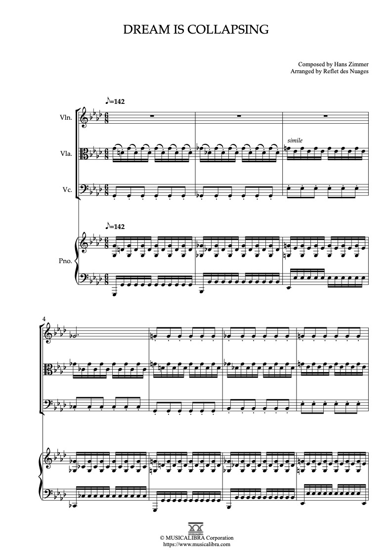 Partitura de Inception Dream Is Collapsing arreglada para cuarteto de violín, viola, violonchelo y piano