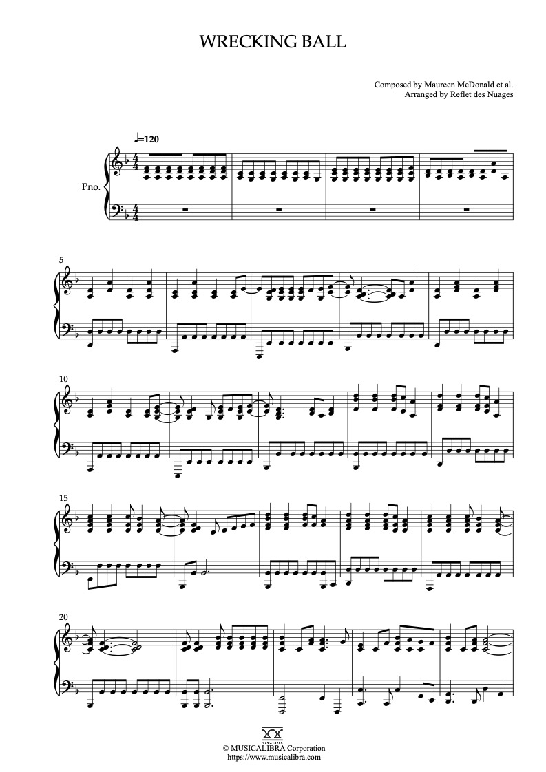 PIANO SOLO SHEET MUSIC Wrecking Ball MUSICALIBRA piano-solo-sheet-music-wrecking-ball-musicalibra