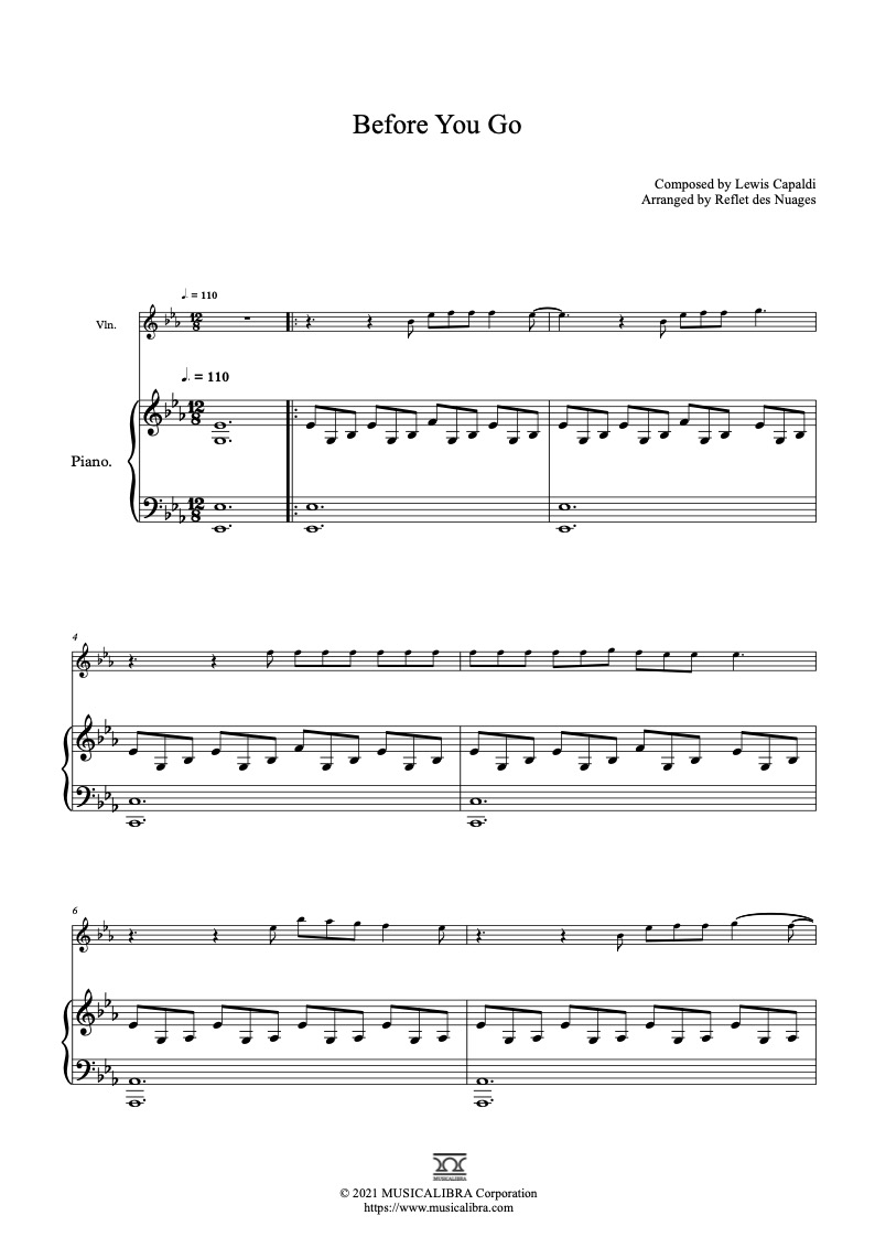 Sheet music of Lewis Capaldi Before You Go arranged for violin and piano duet chamber ensemble preview page 1