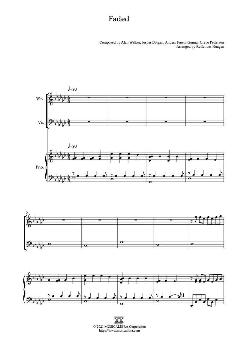 Sheet music of Alan Walker Faded arranged for violin, cello and piano trio chamber ensemble preview page 1