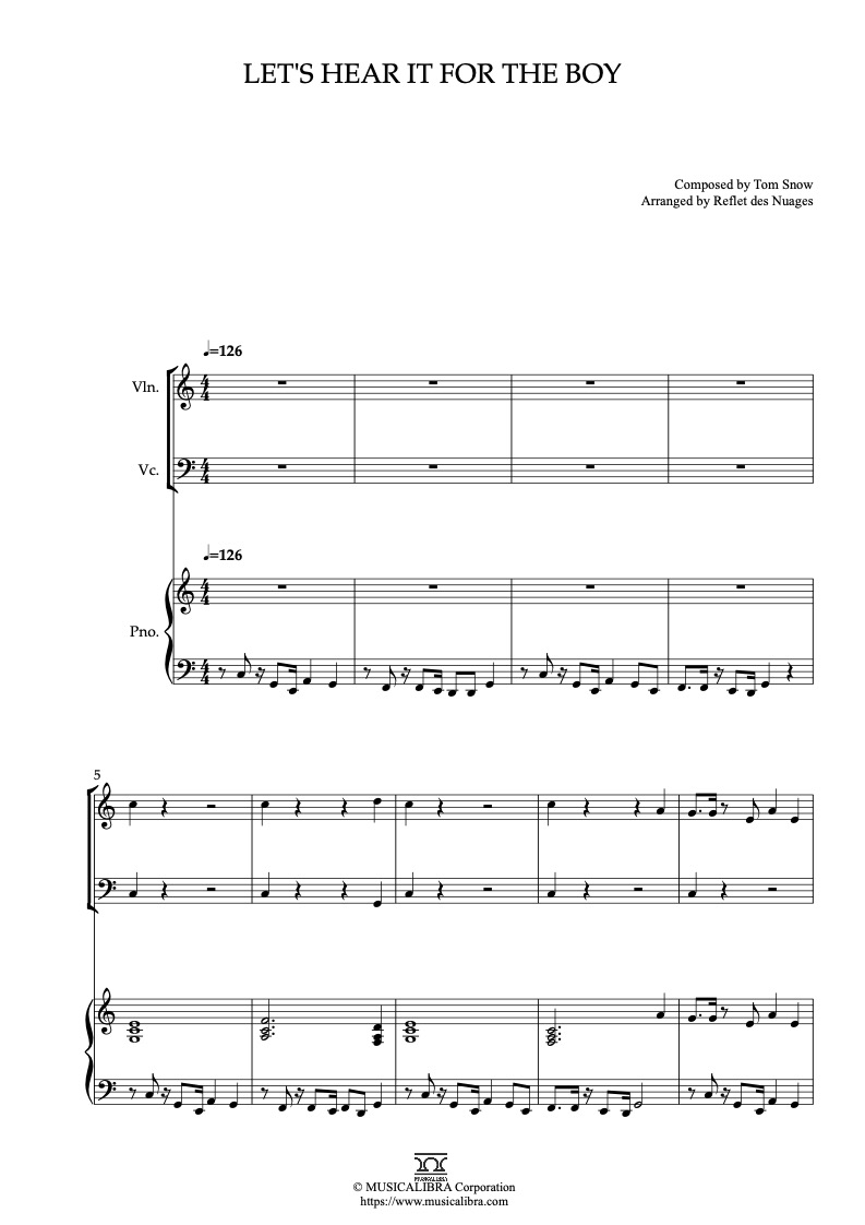 Sheet music of Deniece Williams Let's Hear It for the Boy arranged for violin, cello and piano trio chamber ensemble preview page 1