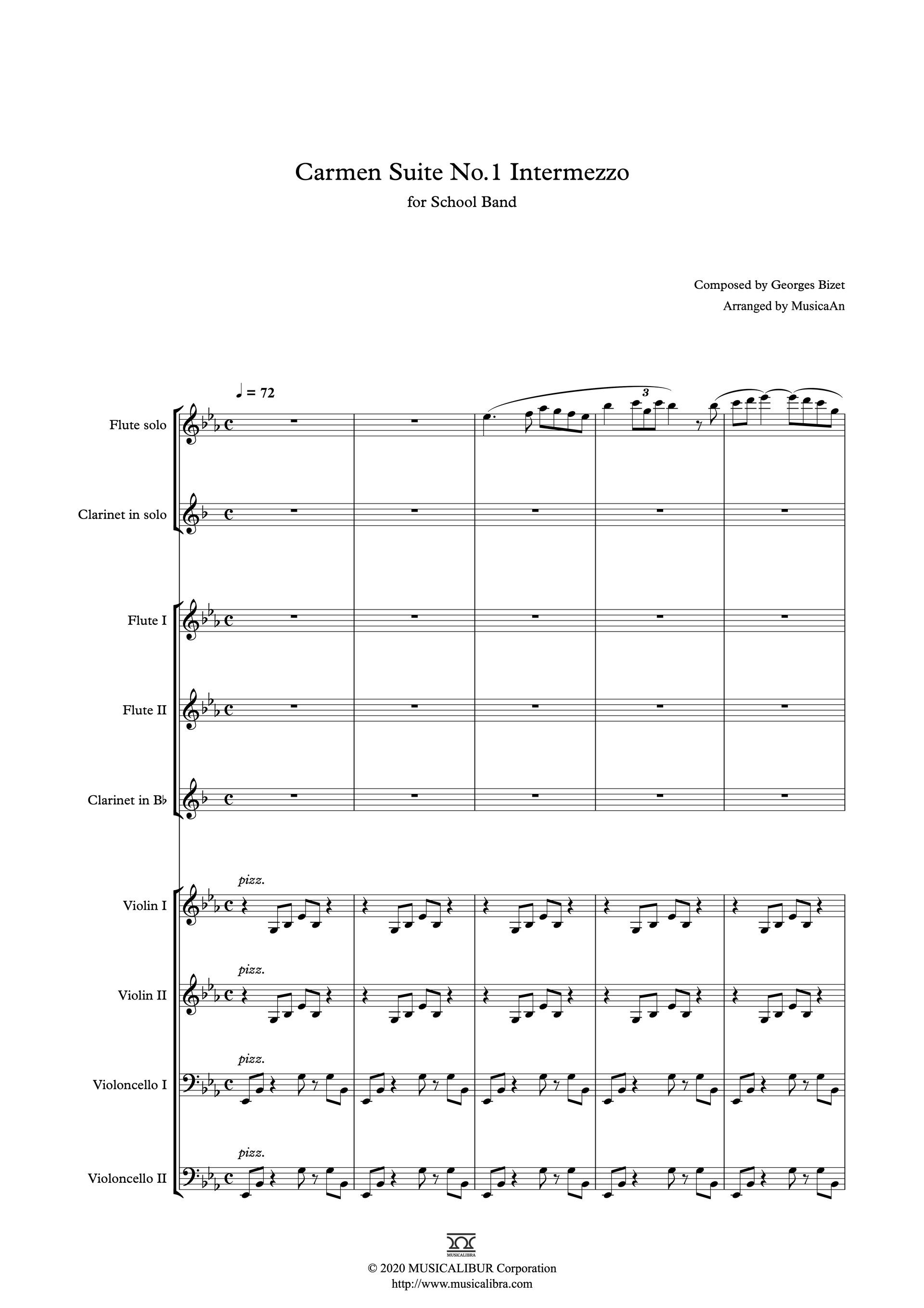 Sheet music of Bijet's Carmen Suite No. 1, Intermezzo arranged for school band preview page 1