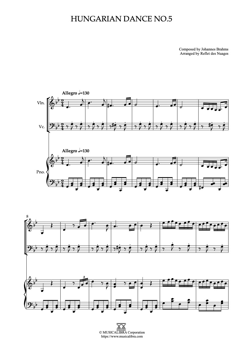 Hungarian Dances No.5 三重奏 樂譜 - 小提琴, 大提琴, 鋼琴