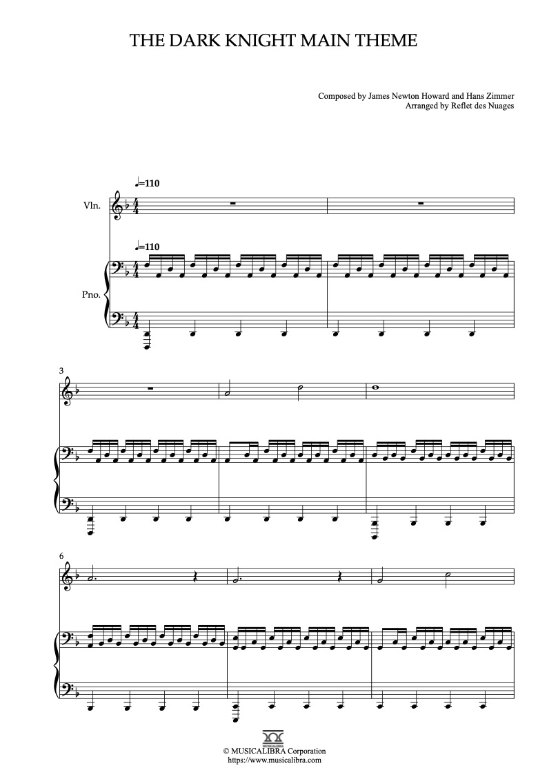 The Dark Knight Main Theme 二重奏 乐谱 - 小提琴, 钢琴