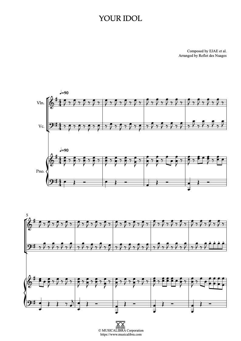 Sheet music of KPop Demon Hunters Your Idol arranged for violin, cello and piano trio chamber ensemble preview page 1
