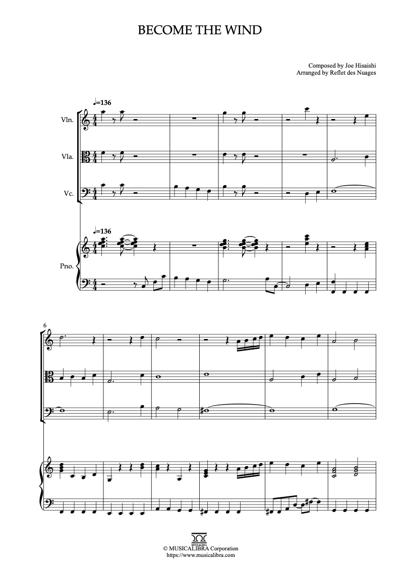 Sheet music of The Wind Rises Become the Wind arranged for violin, viola, cello and piano quartet chamber ensemble preview page 1