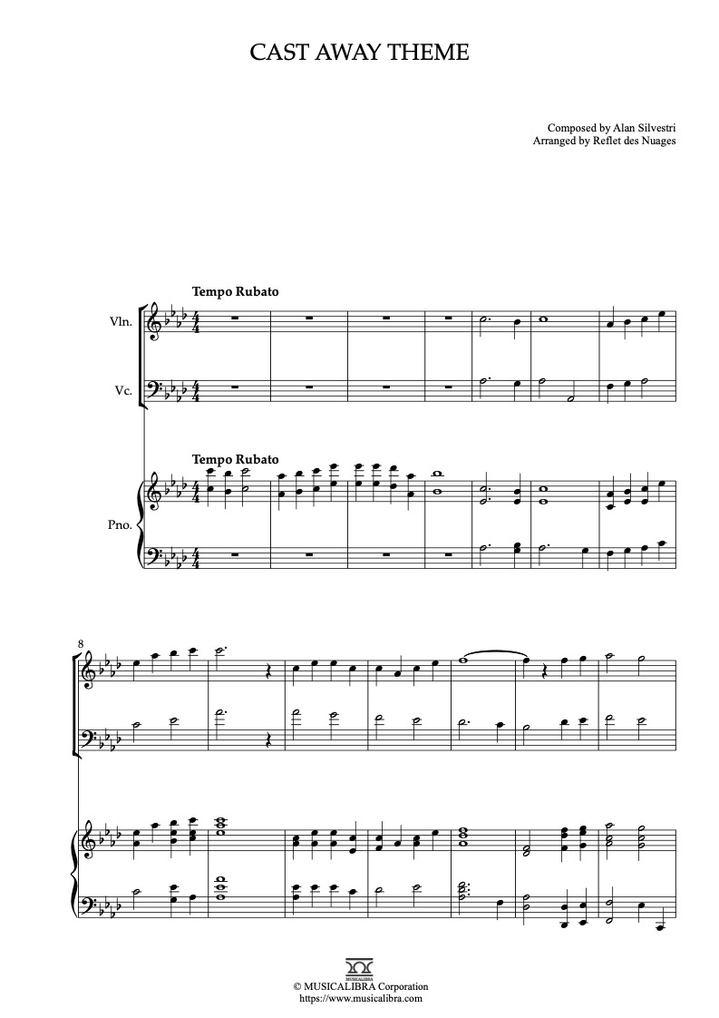 Partitura de Cast Away Theme arreglada para trío de violín, violonchelo y piano