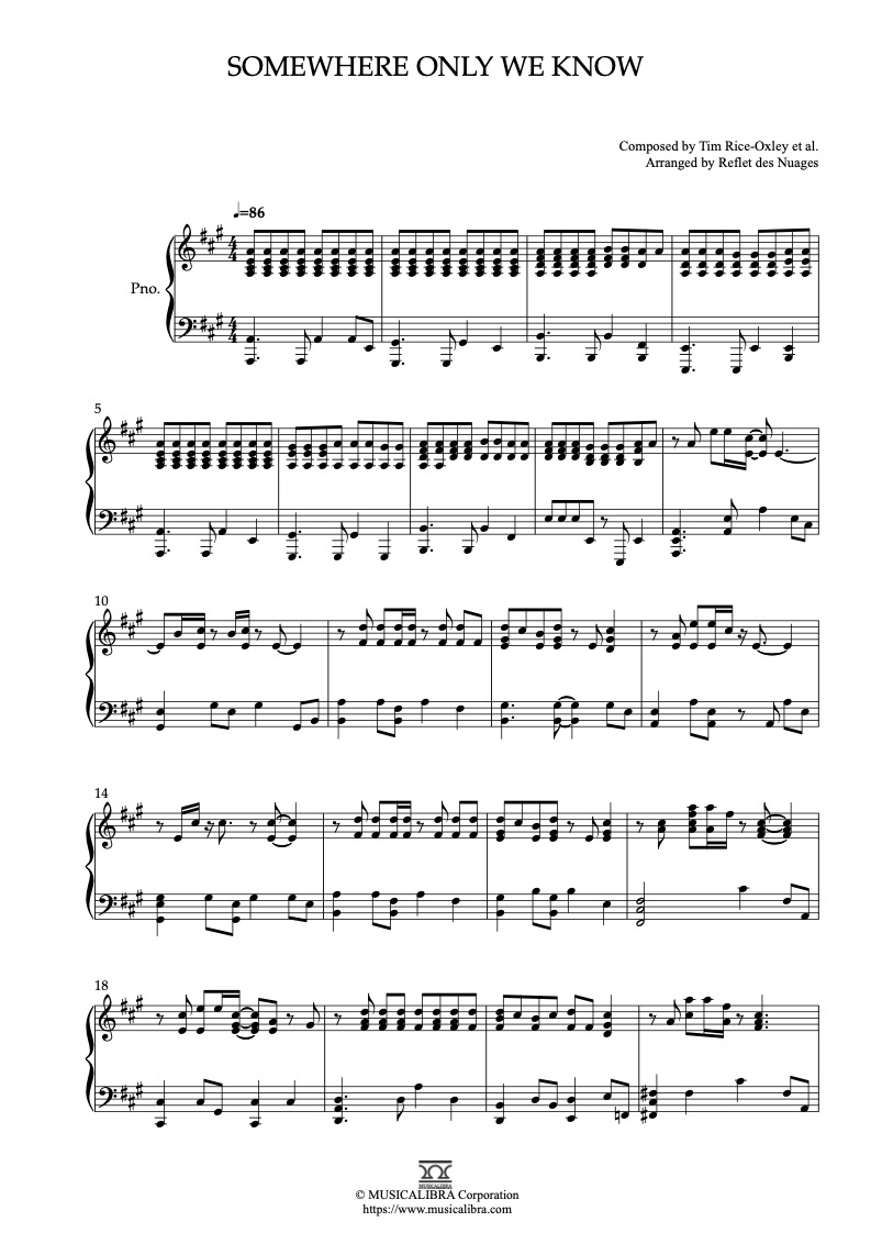 Partitura de Keane Somewhere Only We Know arreglada para piano solo