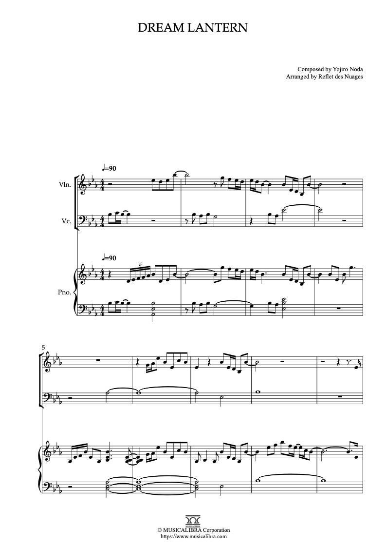 Sheet music of Your Name Dream Lantern arranged for violin, cello and piano trio chamber ensemble preview page 1