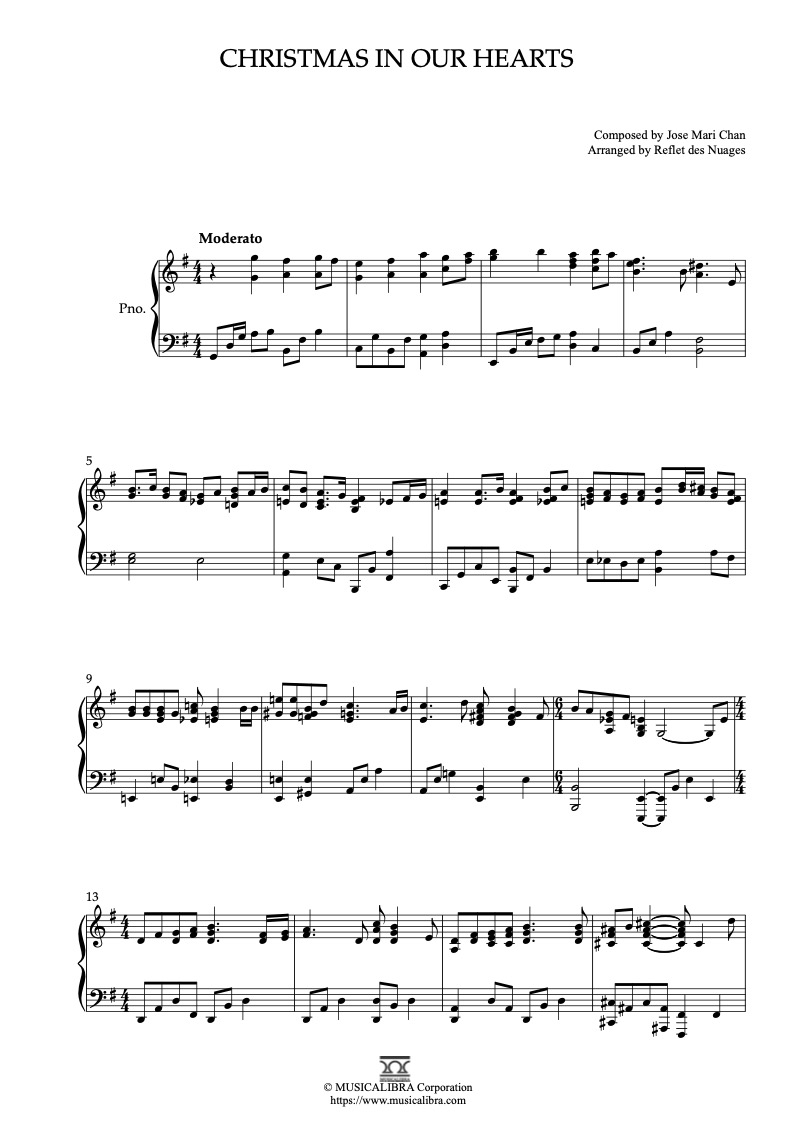 Sheet music of Jose Mari Chan Christmas in Our Hearts arranged for piano solo preview page 1