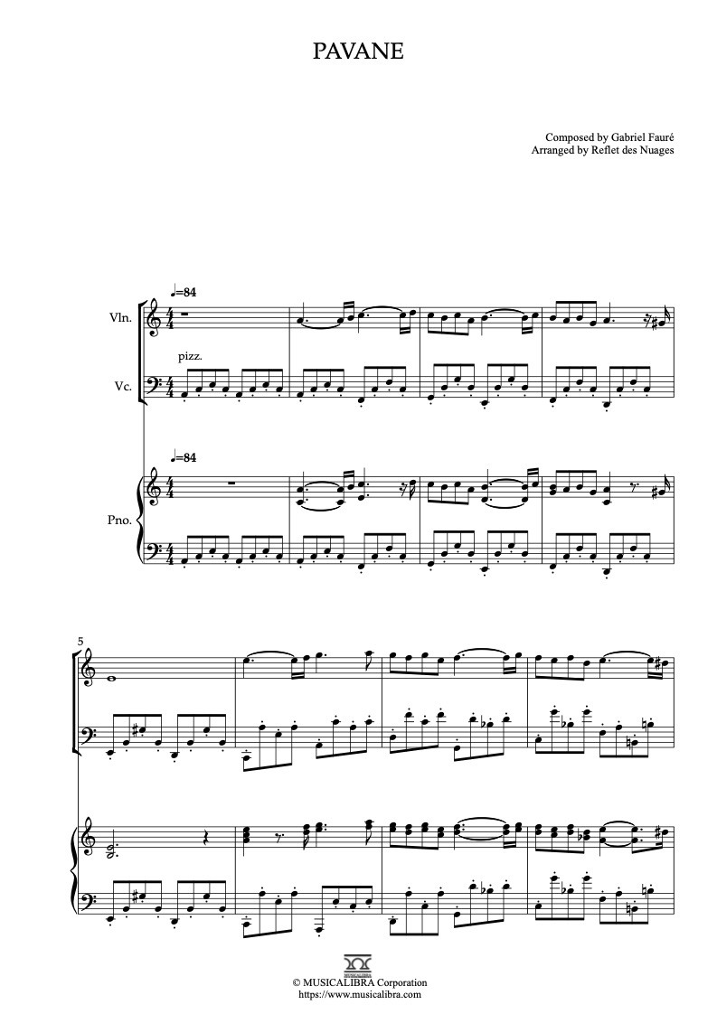 Gabriel Fauré Pavane 編曲楽譜 - ヴァイオリン、チェロ、ピアノトリオ