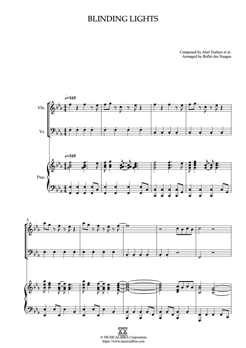 Sheet music of The Weeknd Blinding Lights arranged for violin, cello and piano trio chamber ensemble preview page 1