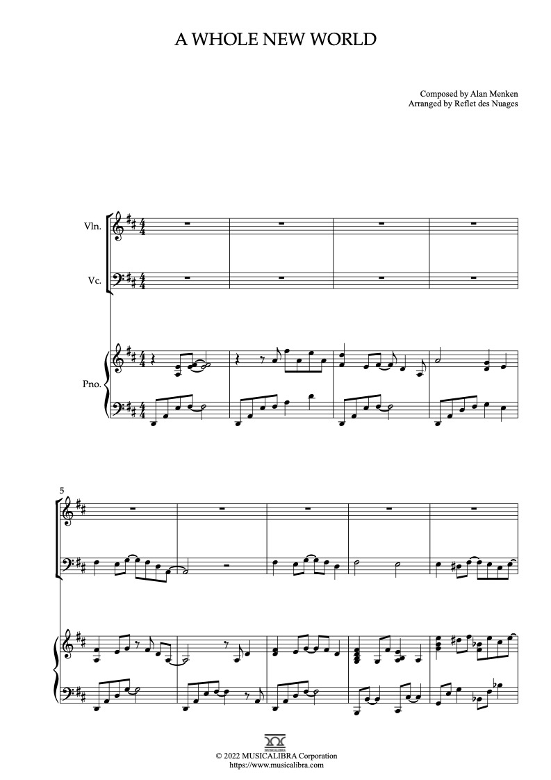 アラジン Aladdin A Whole New World 編曲楽譜 - ヴァイオリン、チェロ、ピアノトリオ