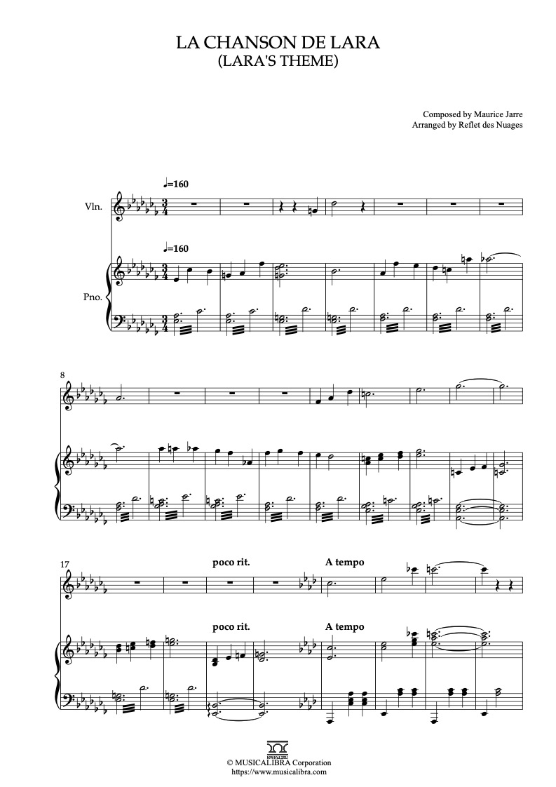 Doctor Zhivago La Chanson de Lara 바이올린 피아노 듀엣 악보