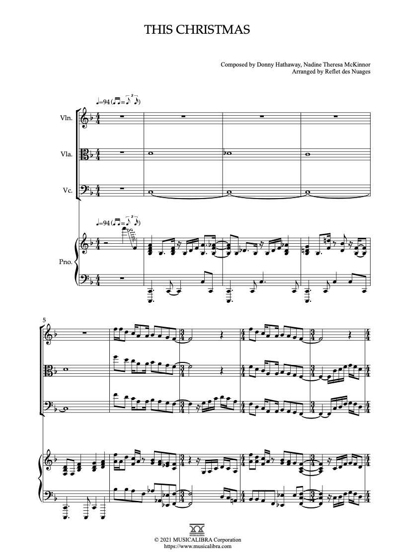 Donny Hathaway This Christmas 四重奏 乐谱 - 小提琴, 中提琴, 大提琴, 钢琴