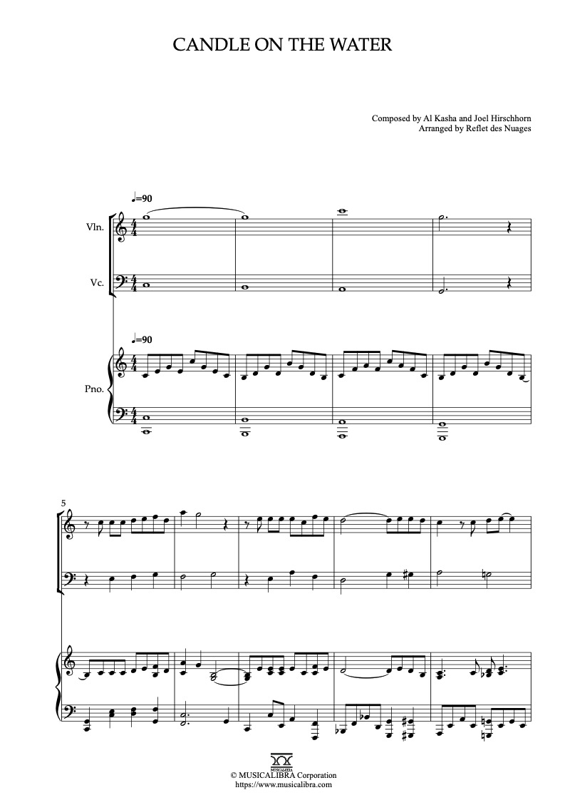 Sheet music of Pete's Dragon Candle on the Water arranged for violin, cello and piano trio chamber ensemble preview page 1