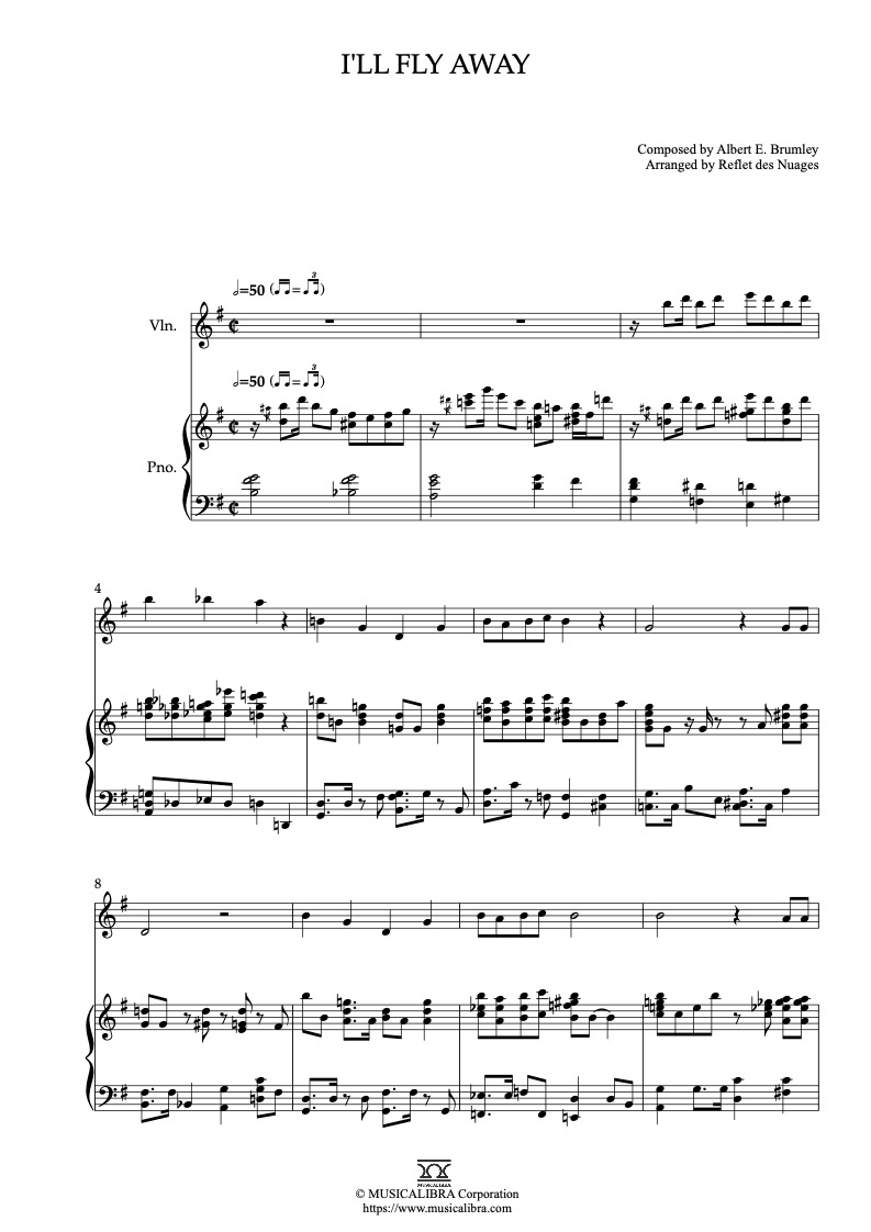 Sheet music of I'll Fly Away arranged for violin and piano duet chamber ensemble preview page 1