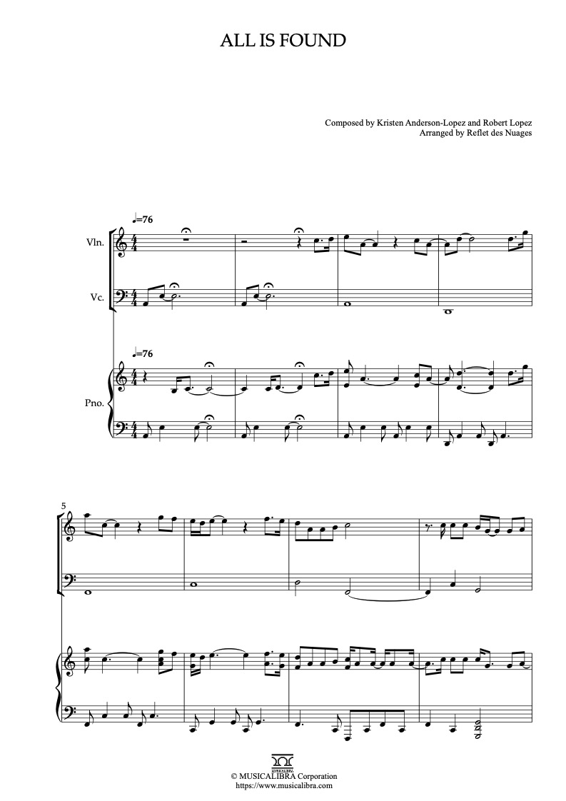Frozen 2 All Is Found 三重奏 乐谱 - 小提琴, 大提琴, 钢琴