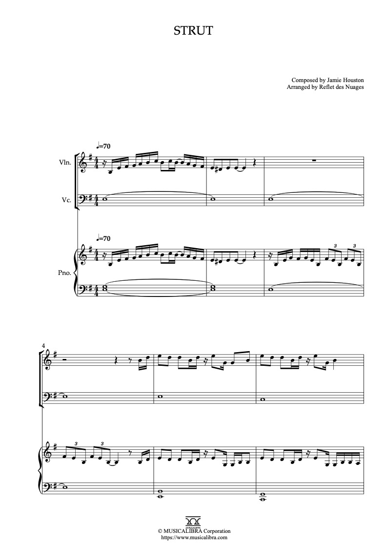 Sheet music of The Cheetah Girls Strut arranged for violin, cello and piano trio chamber ensemble preview page 1